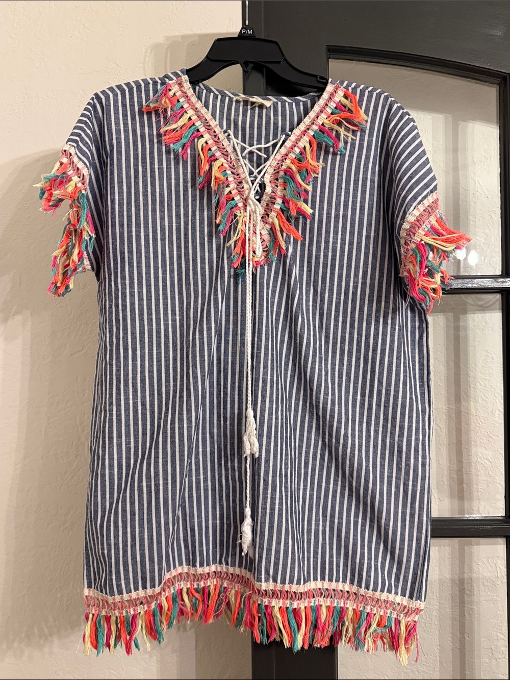 entro Blue and White Striped Fringe Tunic Dress